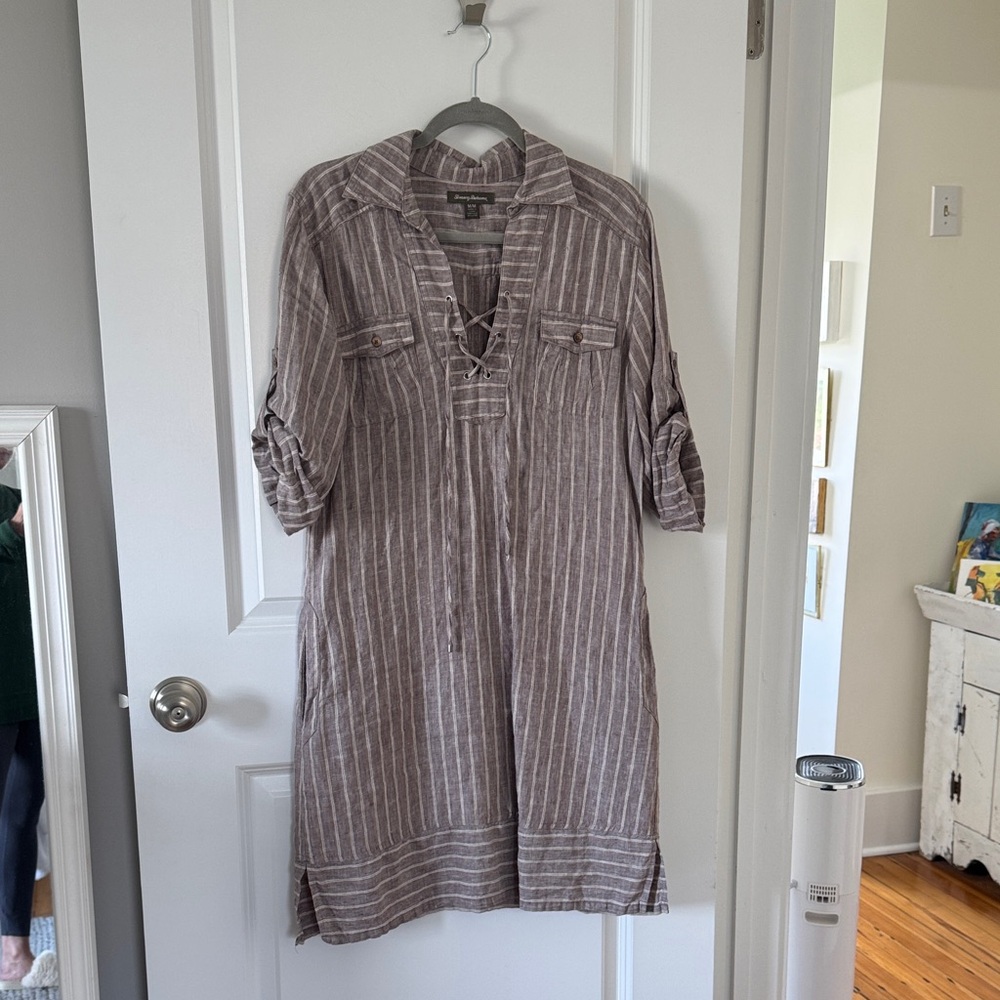 Tommy Bahama Lavender /Grey Stripe Linen Tunic Dress